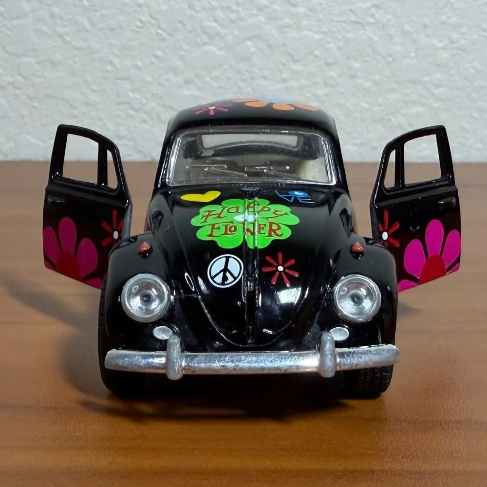 Kinsmart 1967 Volkswagen Beetle 1/32 Diecast Pull Back Black Hippie Car Bug